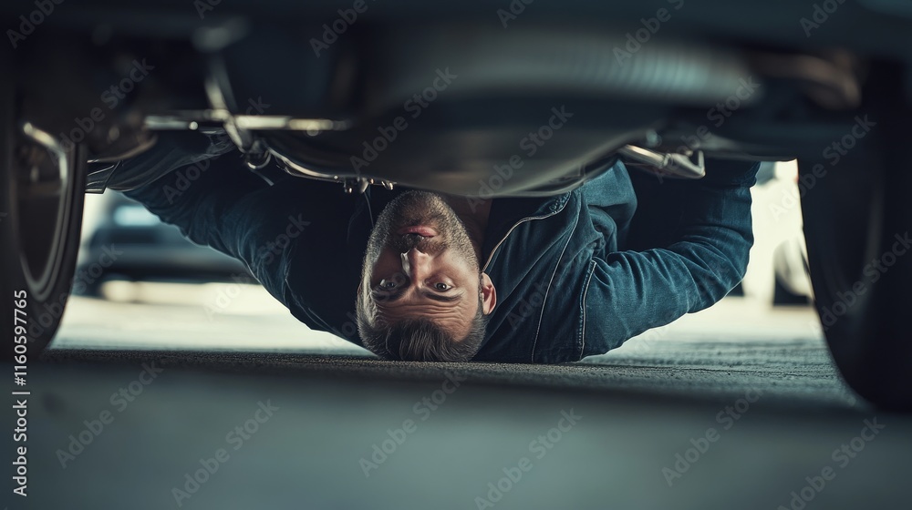 Fototapeta premium Car with a damaged exhaust system in a parking lot. Featuring a driver inspecting the undercarriage