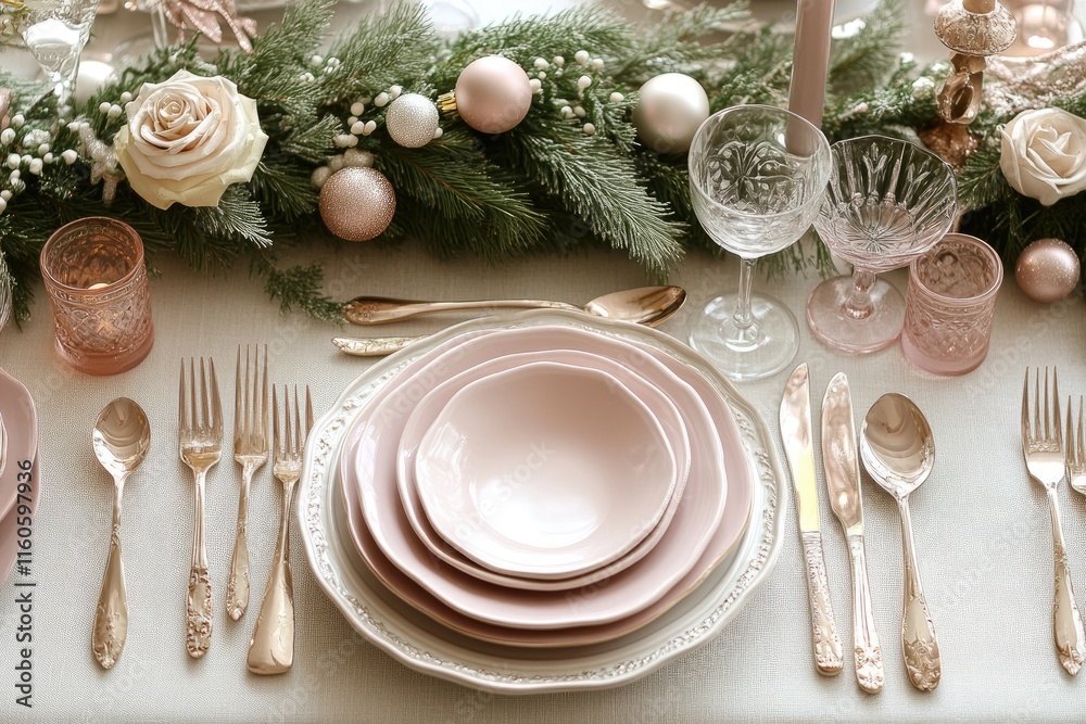 Christmas table setting decorated with pink crockery, silver cutlery, and candles Christmas table setting decorated with pink crockery, silver cutlery, and candles