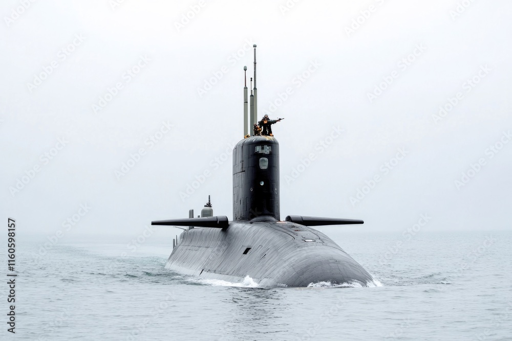 Fototapeta premium A person stands on top of a submarine underwater, offering a unique perspective
