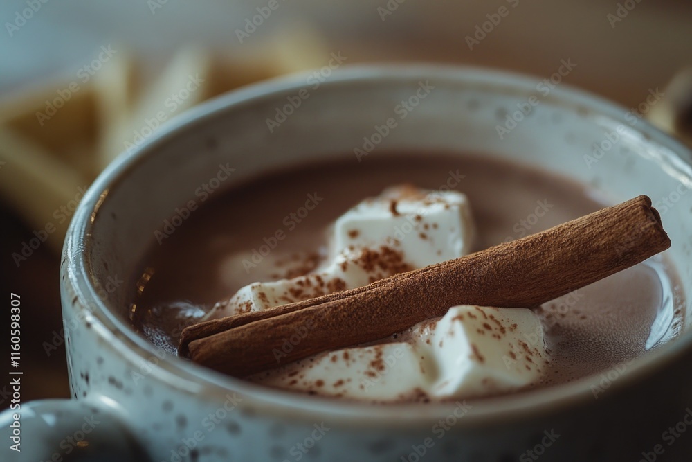 A warm cup of hot chocolate with marshmallows and cinnamon A warm cup of hot chocolate with marshmallows and cinnamon