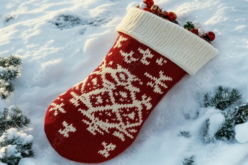 A festive red and white Christmas stocking lying in the fresh snow, great for winter holiday scenes photo