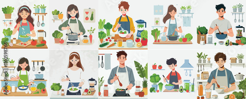 Vector set of a teenager cooking healthy food in a simple flat design style