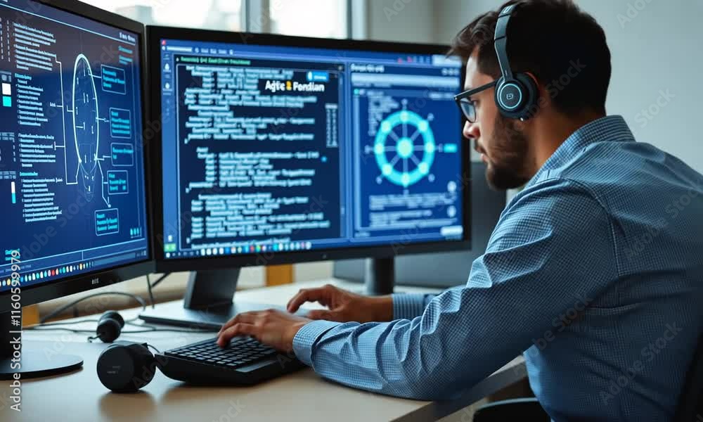 Focused Programmer Coding on Dual Monitors