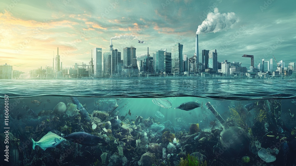 Fototapeta premium Depiction of water pollution sources, including industrial runoff and plastic contamination, showing the negative impact on aquatic ecosystems.