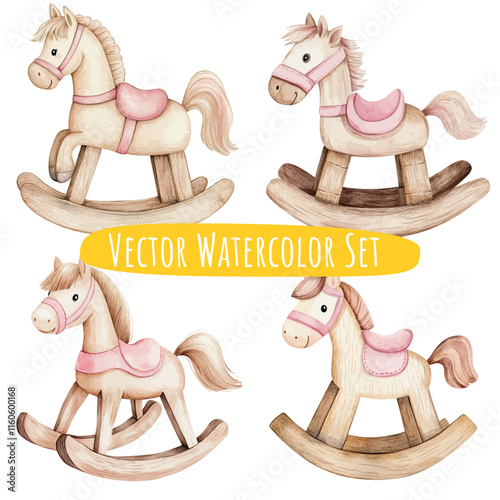 Whimsical Wooden Rocking Horses Set Vector Illustration
