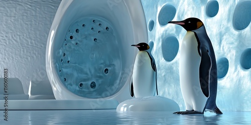 Two penguins standing in front of an ice wall at the zoo, against a blue background, in a photorealistic style, reminiscent of National Geographic photography. on white background No noise neat and cl photo