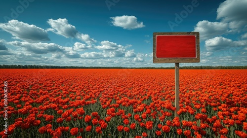Blank red sign in poppy field under blue sky.