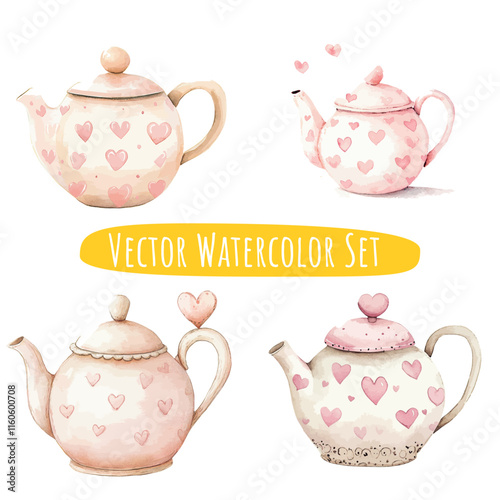 Watercolor Teapots Set   Pastel Pink & White Design