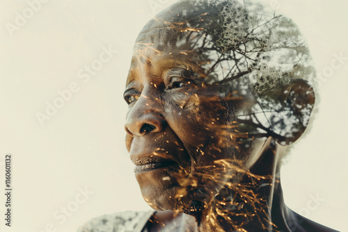 Sad elderly woman suffering with alzheimers dementia and loneliness at winter. Depressed senior black woman, double exposure collage illustration mental health in old people concept photo