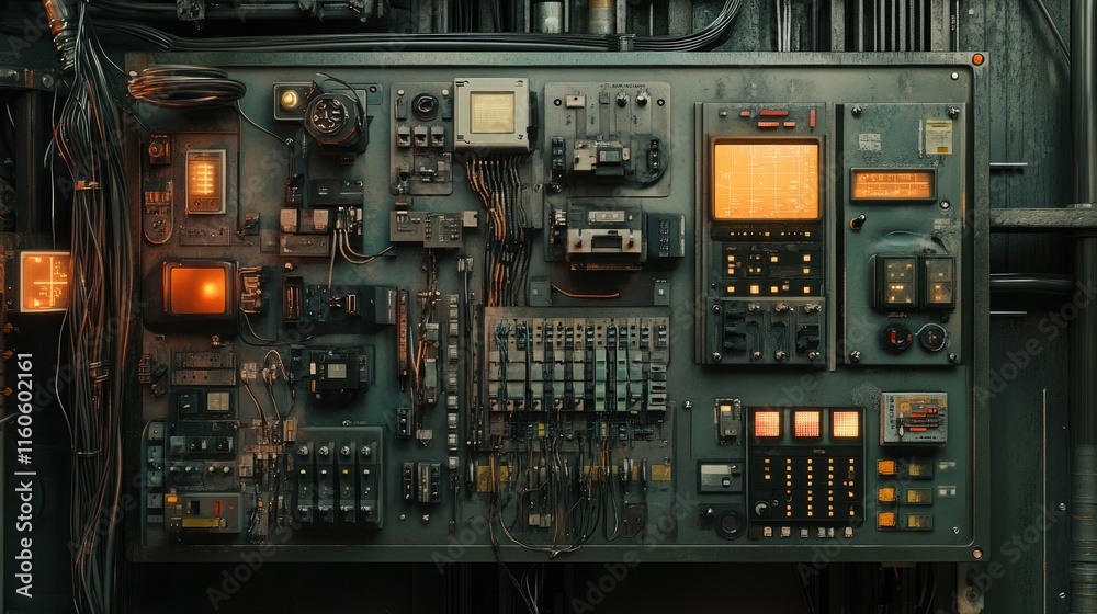 Fototapeta premium Electrical control board with multiple wires, switches, and machine components, managing electricity flow and automation in industrial settings.