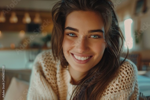 Beauty woman with white perfect smile looking at camera at home