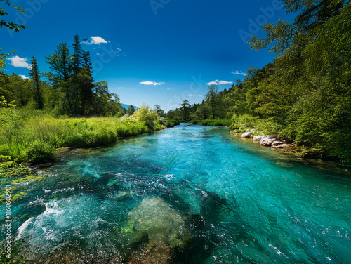 A crystal-clear river flows through a lush green landscape under a vibrant blue sky.  The water is remarkably transparent, revealing the riverbed below. photo