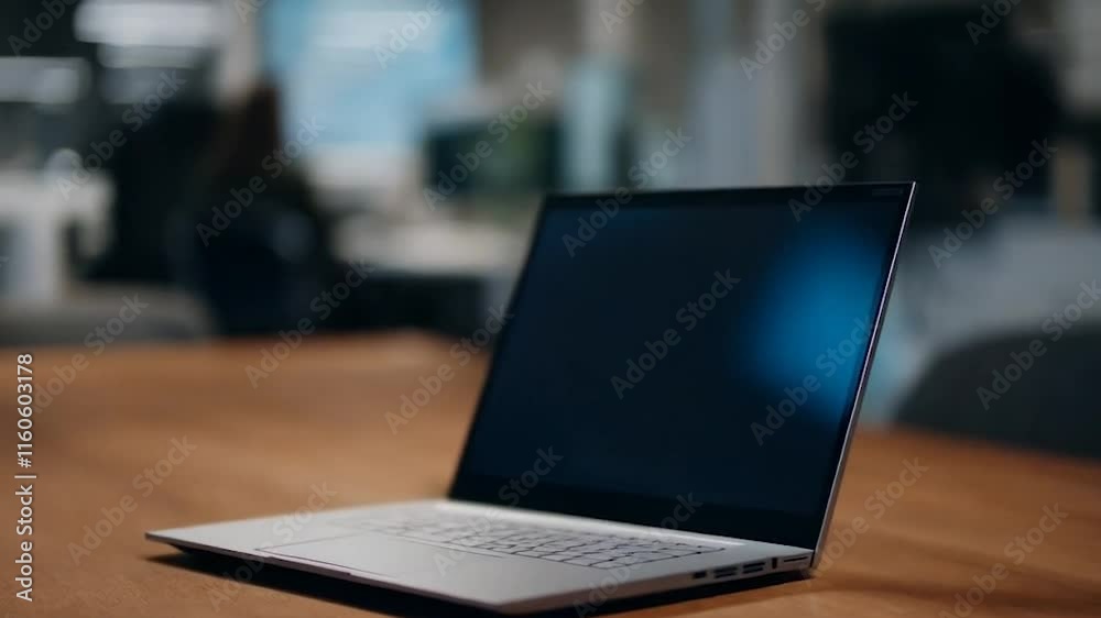 Mockup Green Screen Laptop On Table With Blurred Office In Background