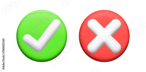 Realistic green check marks 3d. Green tick. Correct. Trendy symbol sign. Vector. Ok. Verified. Textbox and checkbox. Frame vote. Done. Plastic render shape. Transparent background. Red cross. Wrong