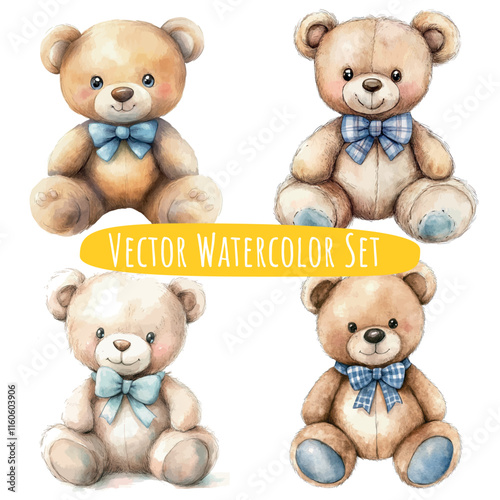 Watercolor Teddy Bears Set   Blue Bowties & Scarves