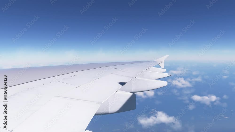 Wing of airplane above blue clouds. View through window of airplane while flying in sky Wing of airplane above blue clouds. View through window of airplane while flying in sky