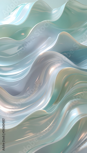 Iridescent Silk Waves - Abstract Pearlescent 3D Render with Soft Holographic Textures