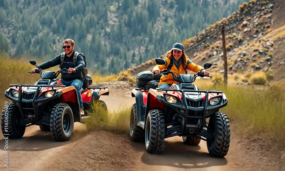 Couple enjoying an ATV adventure through mountainous terrain Couple enjoying an ATV adventure through mountainous terrain