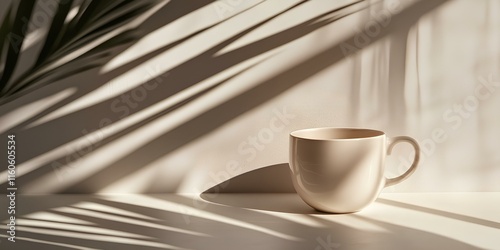 Photos A minimalist white ceramic cup on a pure white background, softly lit