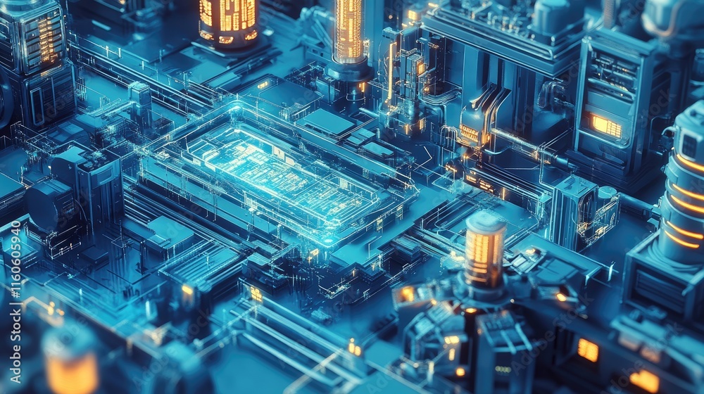 High-tech technology workflow illustration on a blue background, showcasing connected digital systems and innovations. High-tech technology workflow illustration on a blue background, showcasing connected digital systems and innovations.