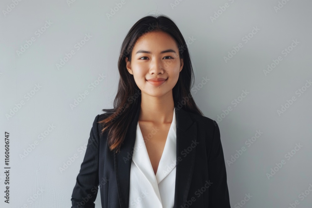 Confident young Asian woman entrepreneur in office attire smiling. Confident young Asian woman entrepreneur in office attire smiling.