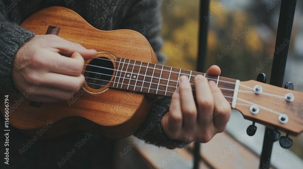 Obraz premium Close-up of hands playing ukulele on balcony.