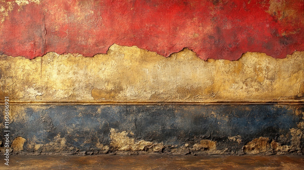 Naklejka premium Weathered wall with red, gold, and blue paint.