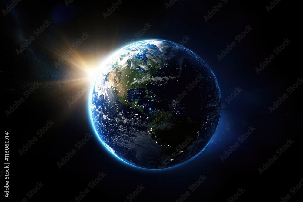 Image of Earth seen from space with the sun shining in the background Image of Earth seen from space with the sun shining in the background