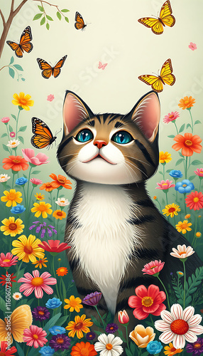 a cat in flower field with butterfies photo