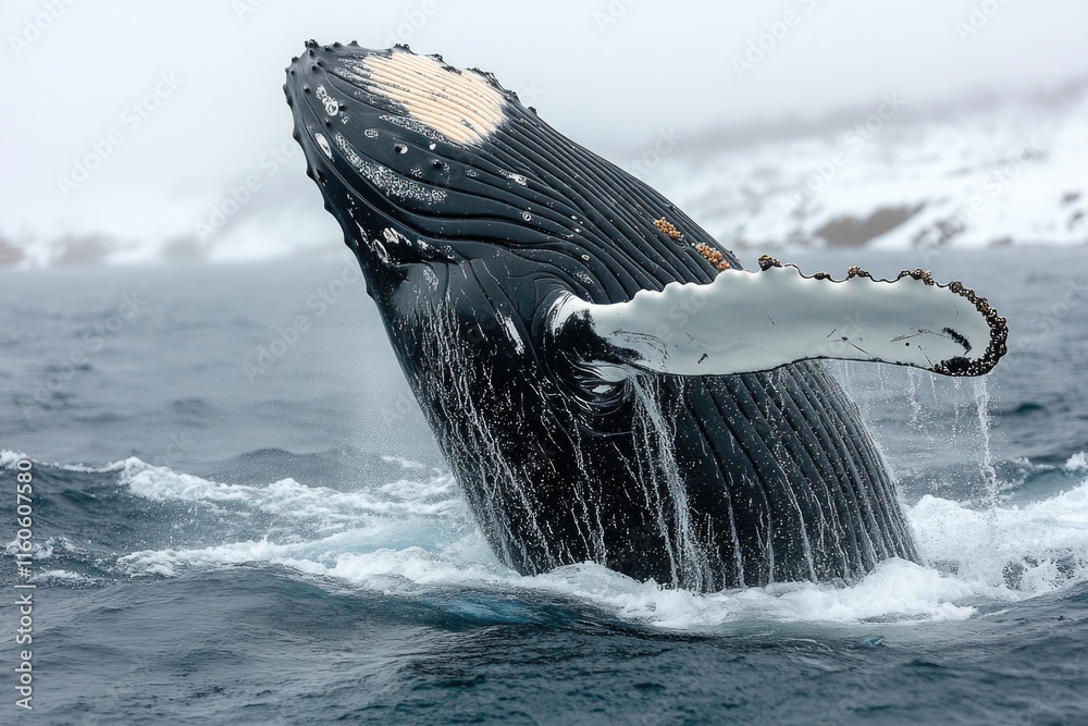 Fototapeta premium A humpback whale breaking surface with its body