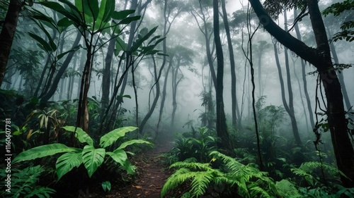 A lush and misty tropical rainforest with dense vegetation and towering trees shrouded in fog