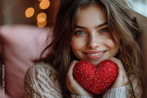 A close-up of a woman holding a bright red heart, possibly symbolizing love or affection photo