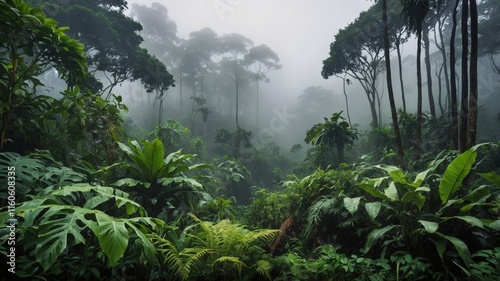 A lush and misty tropical rainforest with dense vegetation and towering trees shrouded in fog