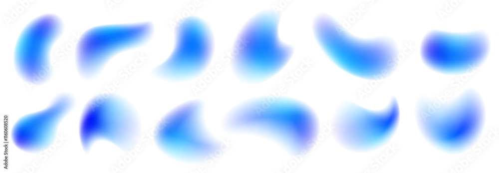 Rainbow blue drops of water, liquid or holograms of irregular free organic shapes. Transparent blue sparkling water splash element with blue gradient.