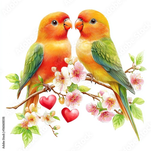 Colorful lovebirds perched on a branch surrounded by flowers and hearts.