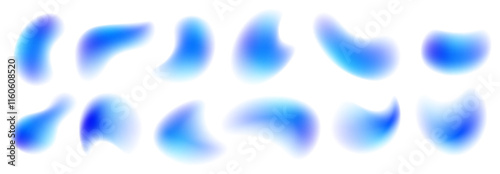 Rainbow blue drops of water, liquid or holograms of irregular free organic shapes. Transparent blue sparkling water splash element with blue gradient.
