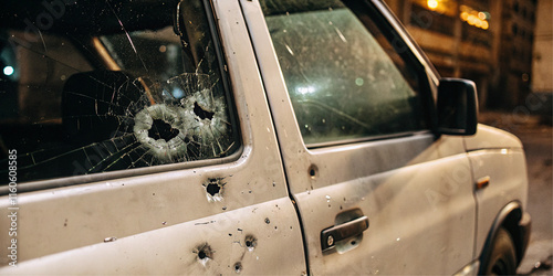 Bullet mark on a car. Car door with bullet holes at night, urban crime scene