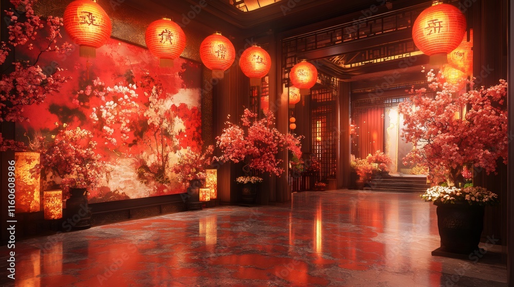 Obraz premium Red lanterns illuminating traditional chinese building interior decorated with cherry blossoms