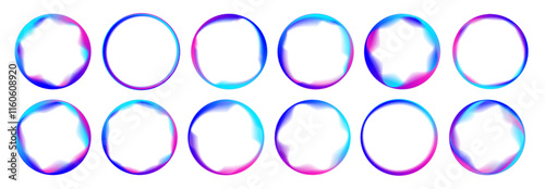 Set of blue, pink purple, green glowing round wavy speed and motion lines. Abstract cosmic bright colorful circle border frame PNG on white background. 