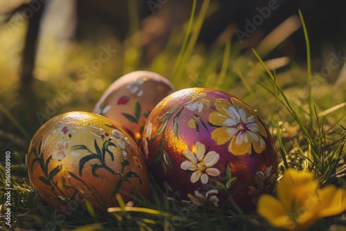 Three colorful painted Easter eggs sit on green grass, ready for a spring or Easter-themed project photo