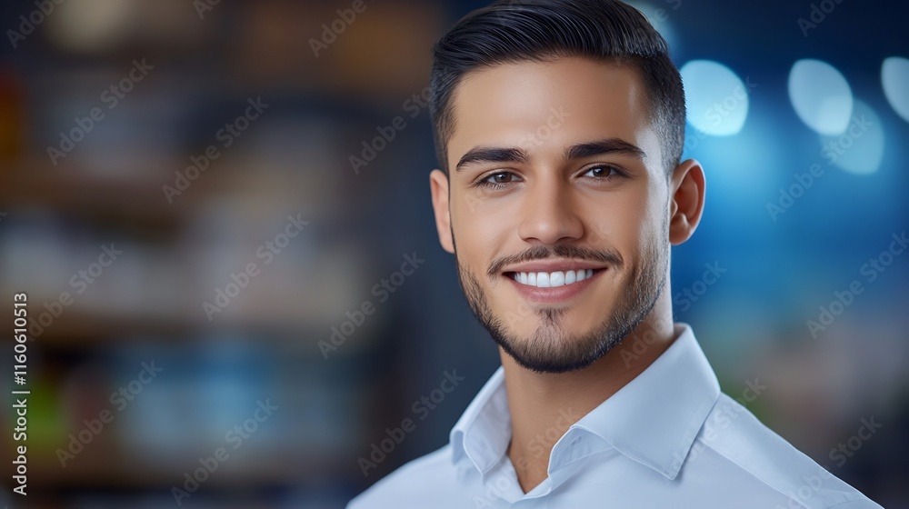 Obraz premium Close-up Photo: Confidently Smiling Young Man in Soft Lighting. AI Generated