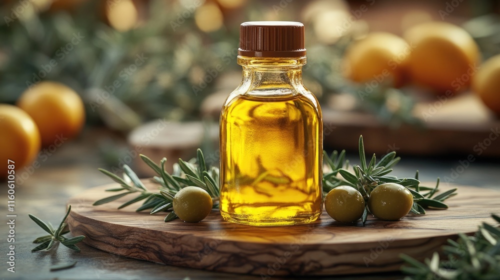 A bottle of olive oil sits on a cutting board, ready for use in cooking or as a finishing touch A bottle of olive oil sits on a cutting board, ready for use in cooking or as a finishing touch