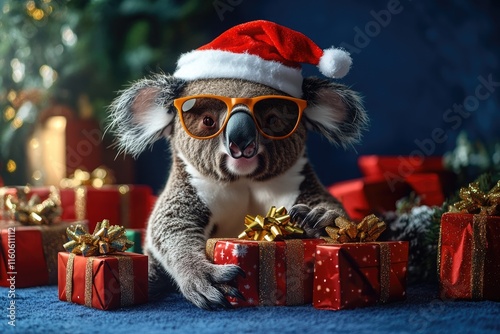 A koala bear dressed up as Santa Claus, wearing sunglasses for a fun holiday look photo