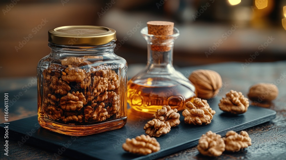 A jar of honey and some walnuts placed on a table, perfect for a healthy snack or natural remedy A jar of honey and some walnuts placed on a table, perfect for a healthy snack or natural remedy
