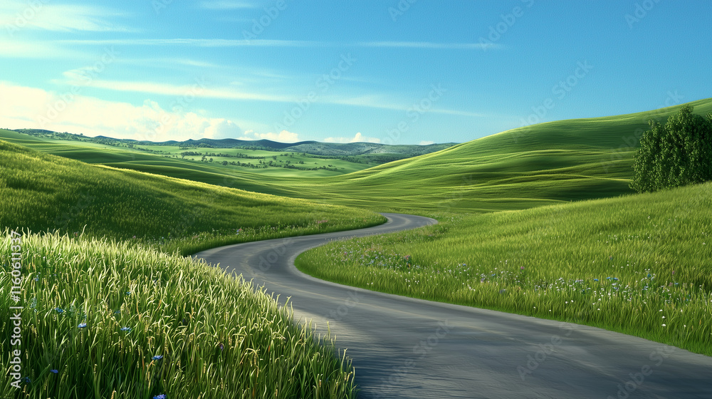 Winding Road Through Lush Grassfields Under Blue Sky Winding Road Through Lush Grassfields Under Blue Sky