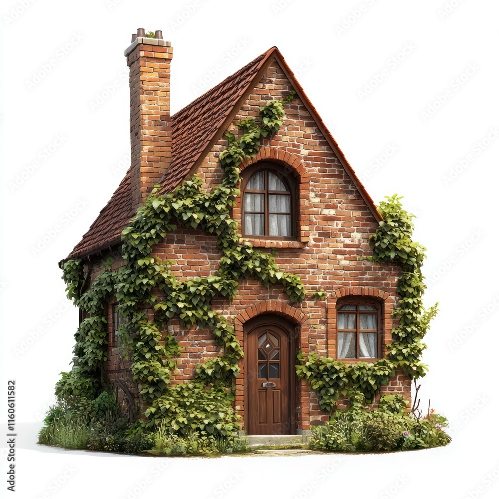 Brick house with ivy growing on the walls. vector style art 3d illustration Isolated on White Background Brick house with ivy growing on the walls. vector style art 3d illustration Isolated on White Background