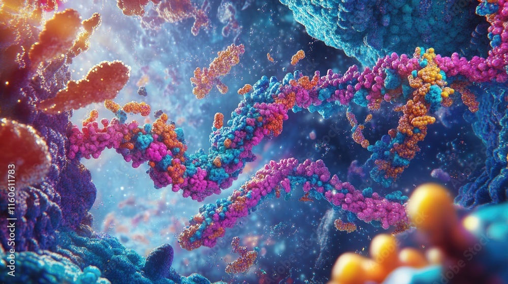 Fototapeta premium Molecular interaction between nucleotides and proteins in DNA replication and transcription, illustrating the complex biological processes of genetic coding.