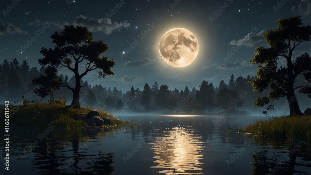 A serene night landscape featuring a full moon reflecting on a calm lake surrounded by a dark forest. A serene night landscape featuring a full moon reflecting on a calm lake surrounded by a dark forest.