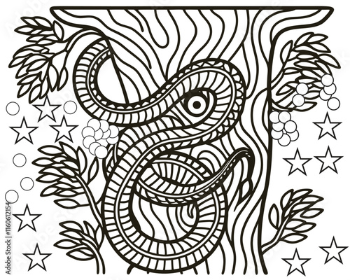 coloring book page for adults and children. snake on tree trunk against abstract fantasy floral background. chinese new year 2025 zodiac sign