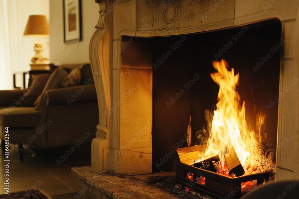 Cozy living room scene with a warm fire burning in the fireplace, great for interior design and home decor images Cozy living room scene with a warm fire burning in the fireplace, great for interior design and home decor images